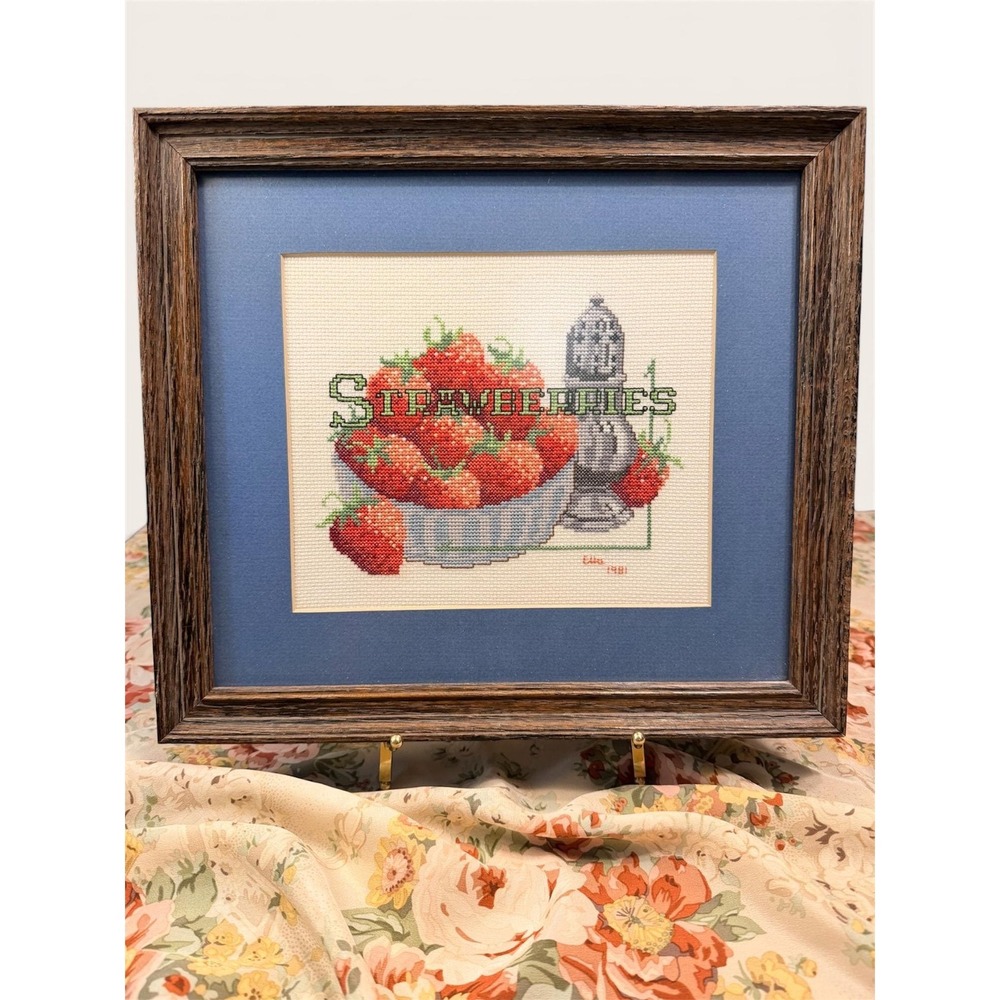 Vintage 80s Strawberries in a Bowl Cross Stitch Framed With Mat Cottage Signed